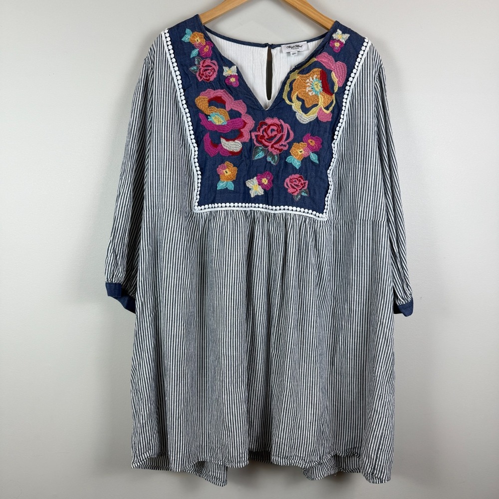 Angel Heart Boutique Mini Dress Women's 2X Blue Striped Floral‎ Embroidered Boho